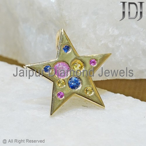 14k Oro Amarillo Macizo Natural Multi Zafiro Gema Estrella Dorada Colgante Charm - Imagen 7 de 14