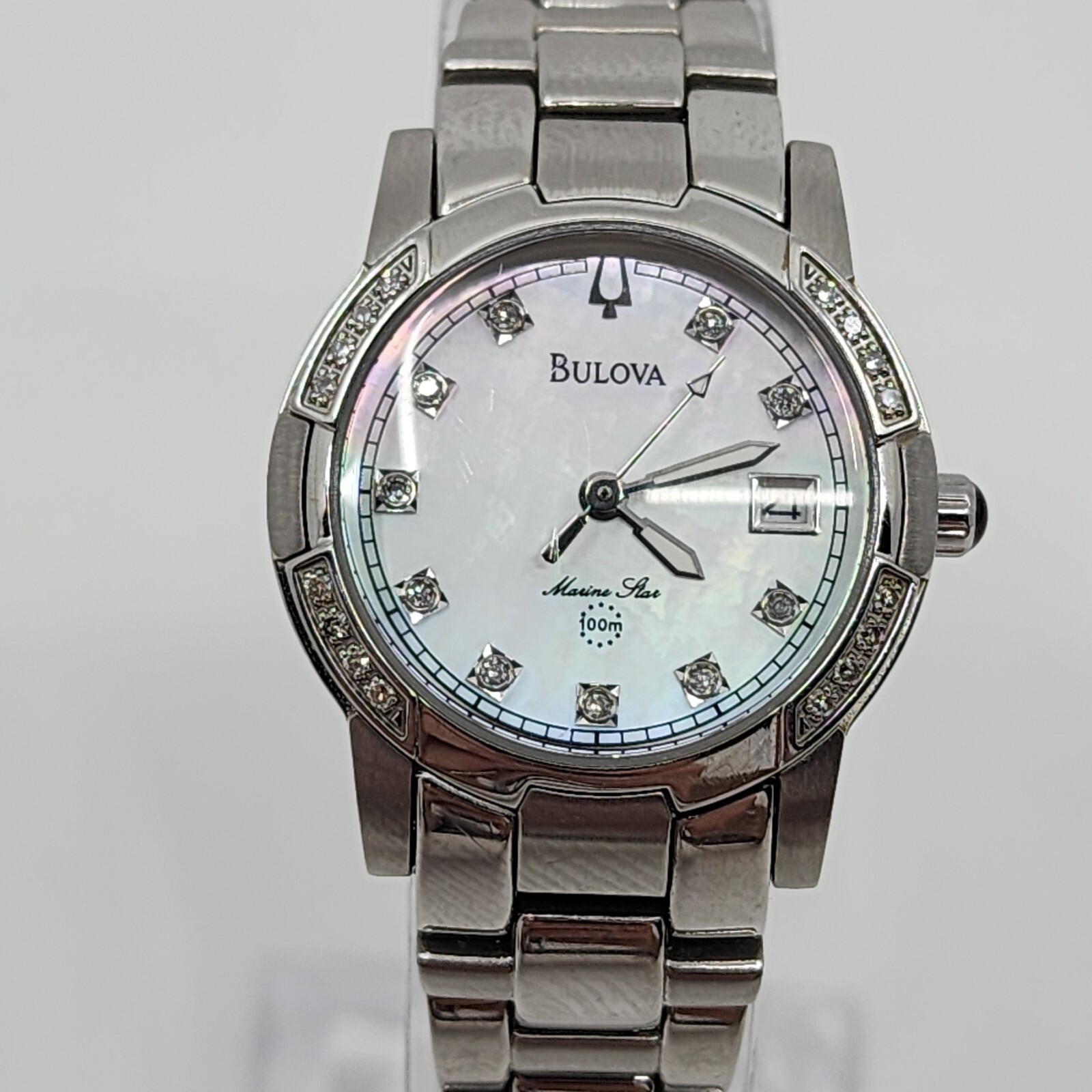 Bulova Marine Star Silver Tone Mother of Pearl Womans Faux 
