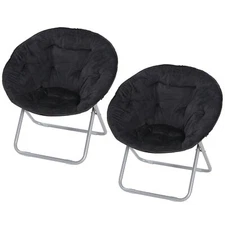 Set of 2 Saucer Moon Chairs Foldable Soft Faux Fur Metal Frame Max 240lbs Black