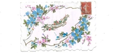 Old postcard old moiré background blue pink flowers sincere wishes