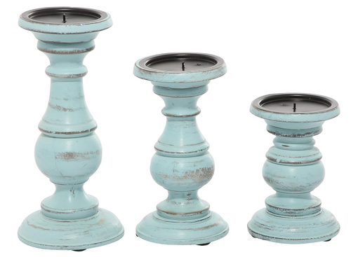 Candle Holder Set of 3 Deco 79 Coastal Wood Light Blue Pillar Candle Holders