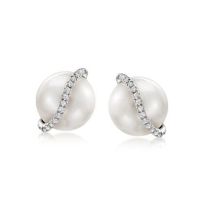 Ross-Simons 8-8.5mm Cultured Pearl and Diamond Swirl Earrings in Sterling Silver