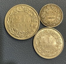 🇨🇭 Swiss Coins – SILVER 1946 ½ Franc + NICKEL 1974 2 Franc + 1989 1 Franc