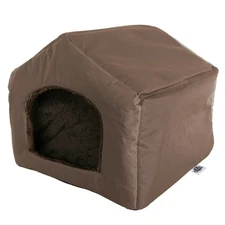Fabric Dog or Cat House with Removable Plush Mat Pet Bed Small Brown