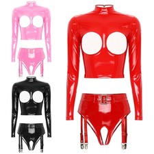 Women Nightwear PVC Clubwear Erotic Crop Top Exposed Breasts Outfits Cosplay