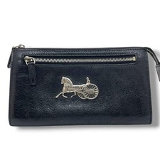 CELINE Black Leather L Zip Wallet Horse Carriage Logo Silver Clasp 8 Card Slots