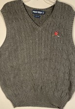 VTG Polo Golf Ralph Lauren Gray V-Neck Cable Knit Sweater Vest Mens L Crest