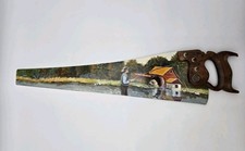 Antique Hand Painted Saw Blade Folk Art Lake River Fishing Scene by a Mill