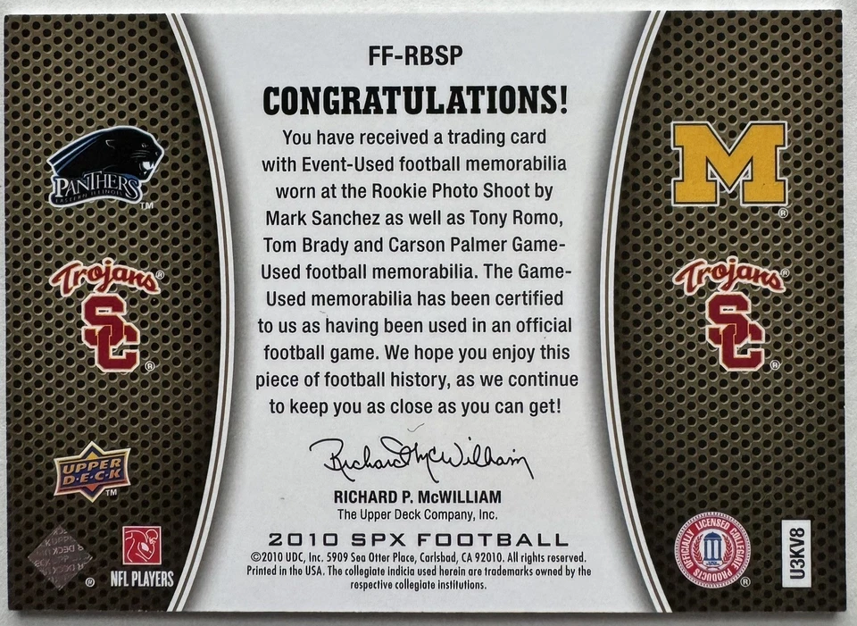 2010 UD SPx Game Used Fantastic Foursome Jersey BRADY ROMO SANCHEZ PALMER 04/25 - Image 2 of 4