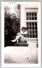 Vtg Snapshot Smiling Woman Sitting On Porch 1940s