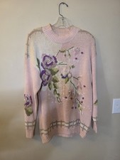 Vintage Rebecca Stone Pullover Heavy Knit Sweater Pink Purple Floral Womens L