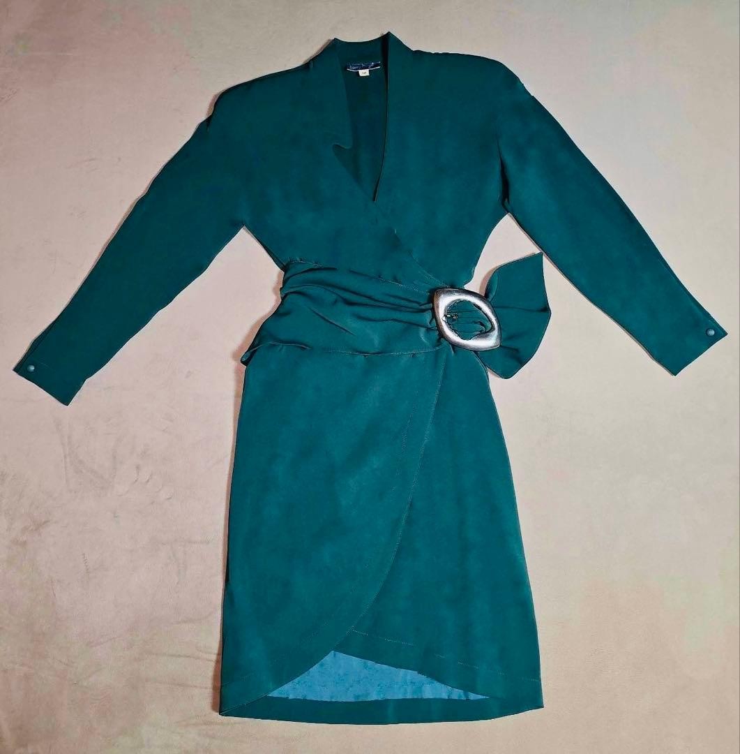 90s Thierry Mugler Vintage Wrap Dress Silver & Green Belt Rare Designer Size 7 image 7