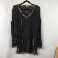 French Dressing Sweater Womens 3 Black Popcorn Lace Tunic Ruffle Trim Made USA