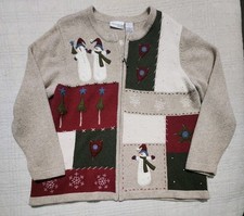 Croft Barrow Tan Snowman Winter Christmas Cardigan Full Zip EUC Sweater 1X
