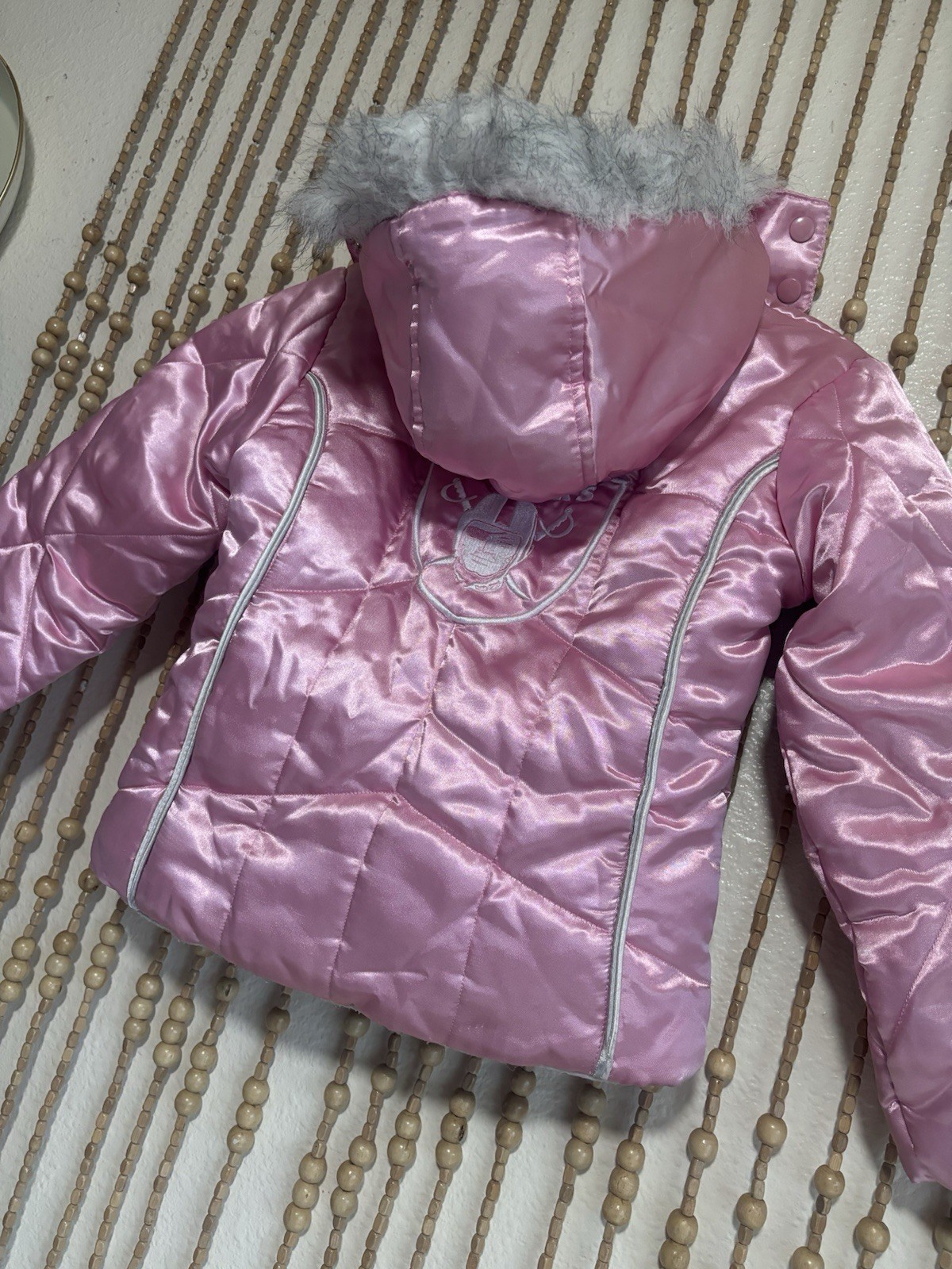 Reebok NFL Raiders Pink Fur Hood Pink White Girls Puffy Hooded Jacket