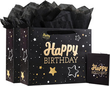 13" Black Happy Birthday Gift Bag with Tissue Paper and Greeting Card for Party,