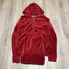 PUMA Women's Full Zip Velour 2 Piece Track Suit Jacket Pants Large Burgundy Gym