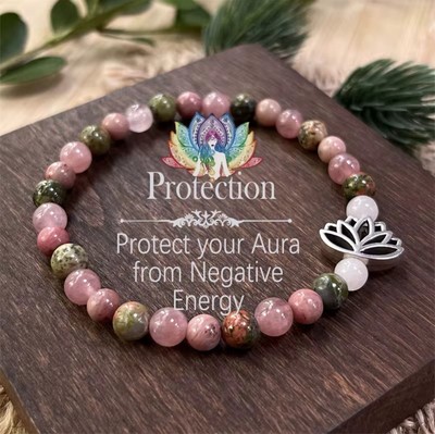 Rosenquarz und Rhodonit mit Lotus Blume 19-20cm Armband 6mm Perle Aura Schutz 
