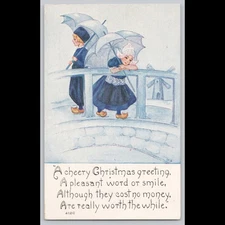 Antique Postcard Cheery Christmas Greeting Children with Umbrellas