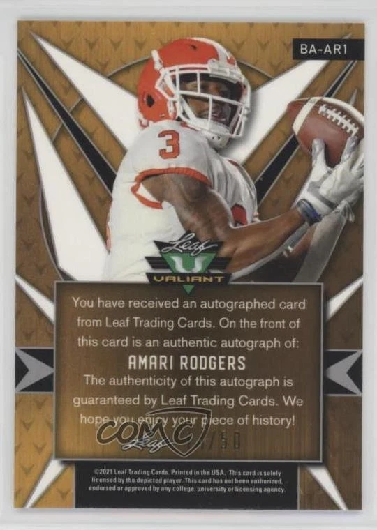 2021 Leaf Valiant Orange /50 Amari Rodgers #BA-AR1 Rookie Auto RC - Image 2 of 2