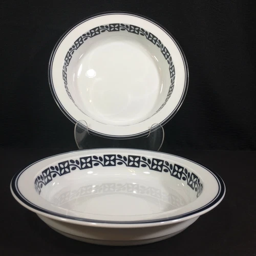 Dansk Bistro Lyndhavn Cobalt Blue Flower Leaf Pattern Set of 2 Soup Bowls Rimmed