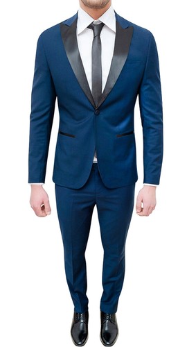 Elegante abito uomo sartoriale blu raso estivo completo giacca con  pantaloni | eBay