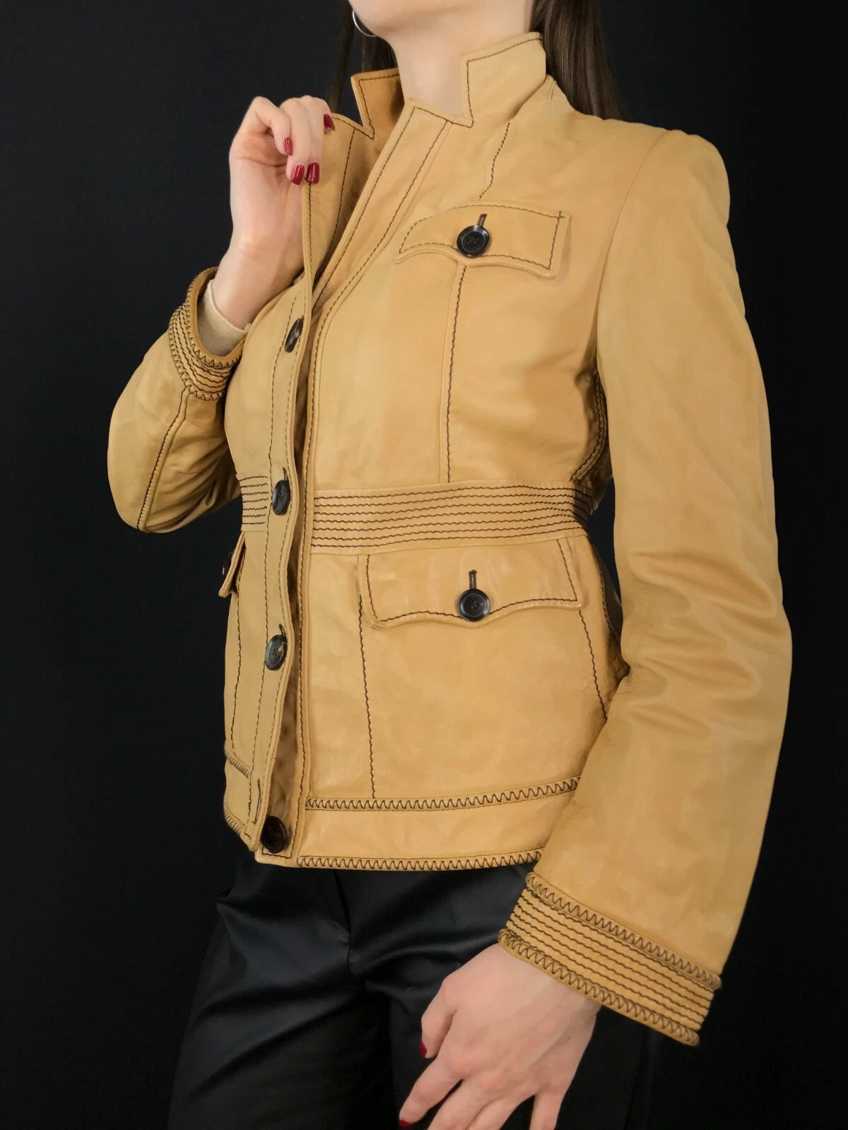 Giacca Donna GUCCI Tom Ford Pelle Beige Bottone Blazer ITALIA Cappotto Taglia 40