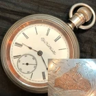 ELGIN POCKET WATCH 18S 7J KEY WINDER RUNNING SILVER CASE LOCOMOTIVE INLAY  #59R