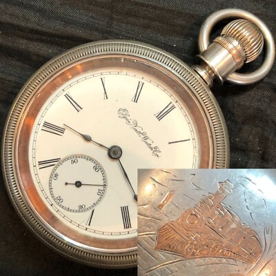ELGIN POCKET WATCH 18S 7J KEY WINDER RUNNING SILVER CASE LOCOMOTIVE INLAY  #59R