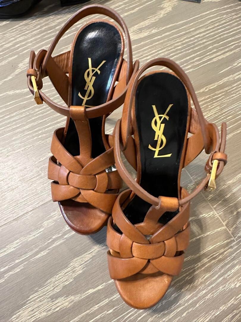 YSL Yves Saint Laurent Brown Leather Tribute Platform Sandals