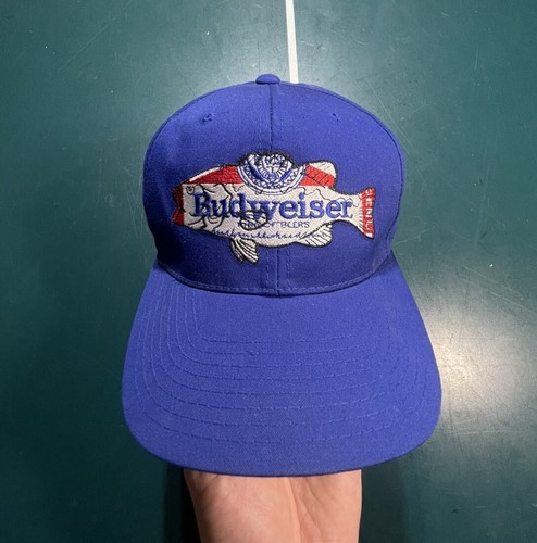 Rare Vintage Budweiser Trout Embroidered Snapback Trucker Hat Red White Blue