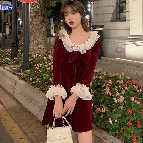 Lolita OP Dress Frilled Wine Red Velvet 