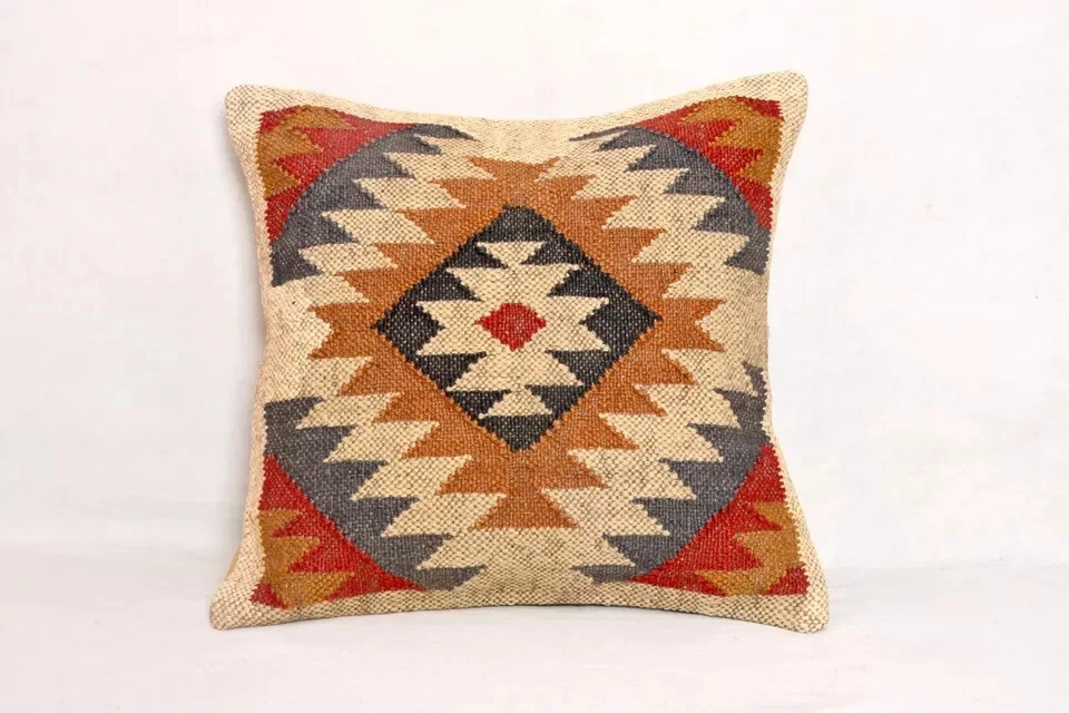 Handmade Square Jute Kilim Cushion Cover Indian Vintage Pillow 18x18 Rug Boho
