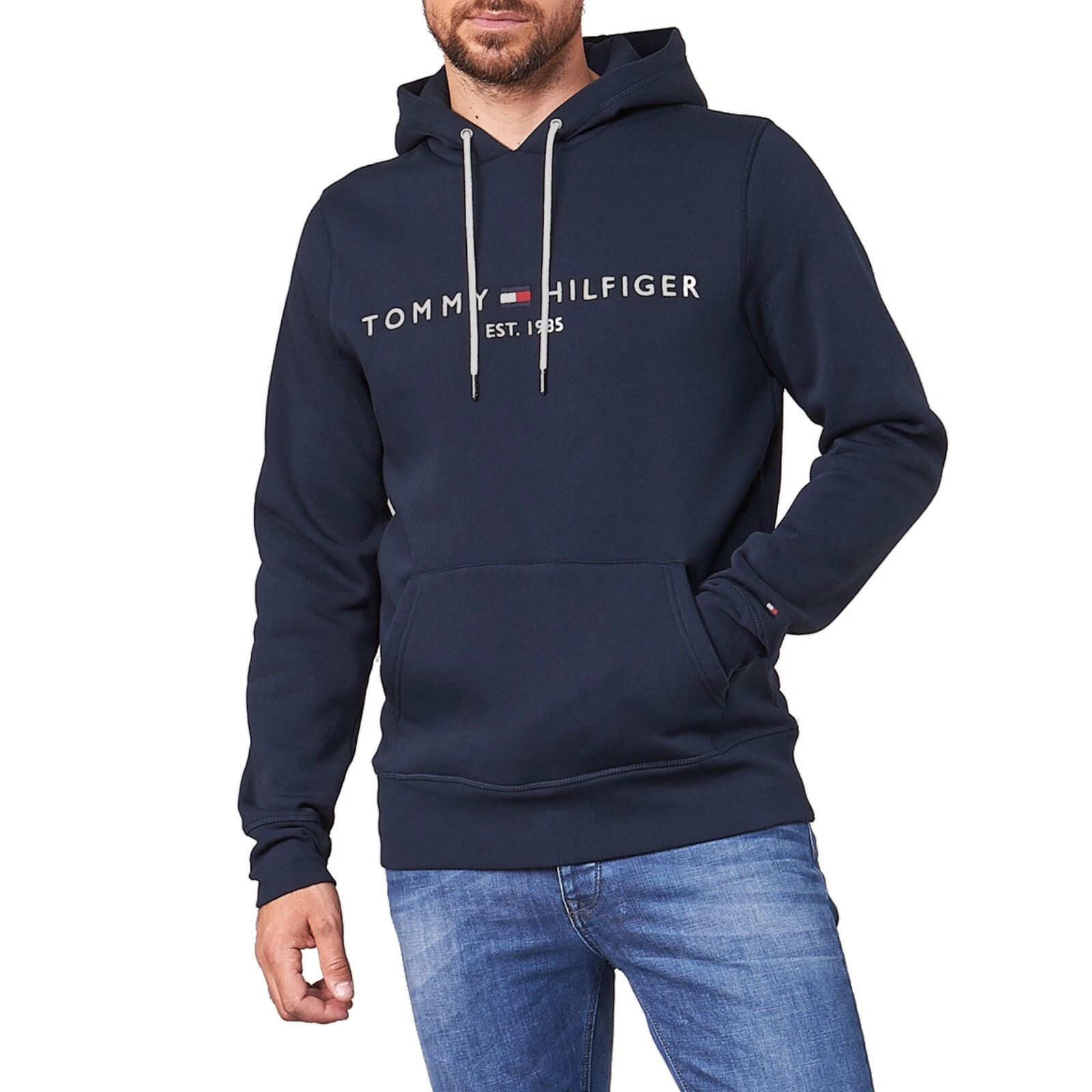 NWT - TOMMY HILFIGER Mens Logo Pullover Fleece Hoodie Sweatshirt -NAVY : S - XL