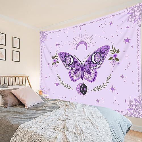 Butterfly Tapestry Wall Hanging Floral Plant Botanical 40L" x 60W" Purple - Picture 3 of 8