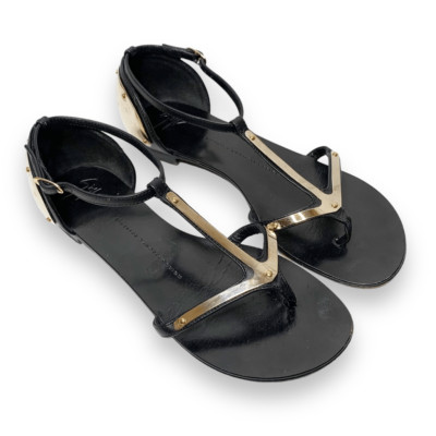 GiuseppeZanotti Italian Black Leather Gold Metal Women s Sandals Sz 38 (7.5 US)