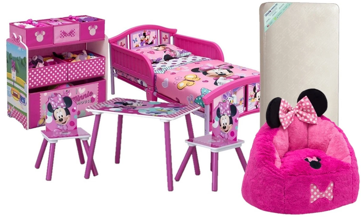 Minnie Mouse Girl Combo Set Bed Mattress Table 2 Chairs Organizer Fluffy Cozee