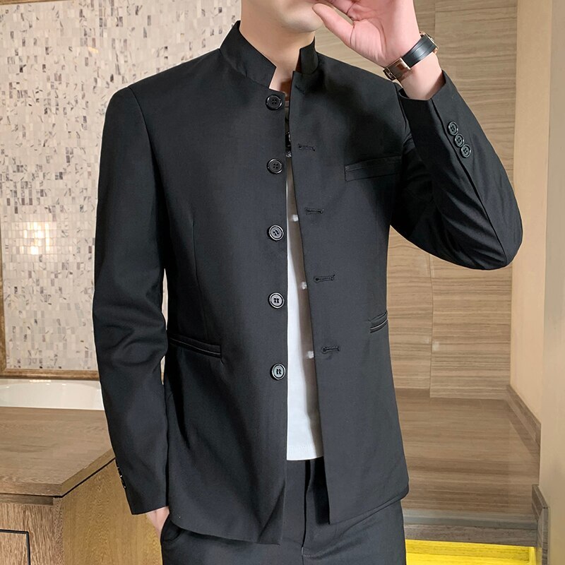 Black Chinese Stand Collar Long Sleeved Men's Suit Jacket