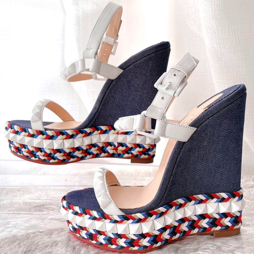 Christian Louboutin Sandals Mules Cataclaw Wedges Studs Denim Blue