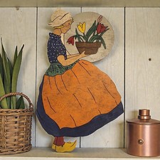 VTG 1930's Hand Painted Folk Art Wood Cut Out Standing Dutch Girl  Tulips 19"