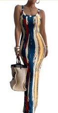 Sleeveless Abstract Print Long Bodycon Dress Square Neck Multicolor Women