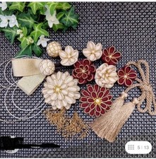 Kanzashi kimono Hairpin Flower decoration set for clothing dark red and gold