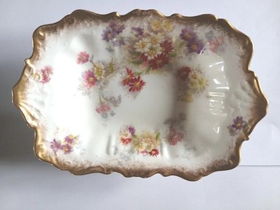 Halbmond Vintage Floral längliche Schale mit Goldrand leichte Beschädigung