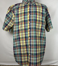 Scandia Woods Shirt Mens Large Short Sleeve Yellow Blue Green Plaid Button Down