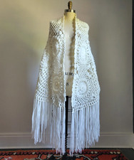 VINTAGE 70's IVORY CROCHET HAND KNIT LONG SHAWL WRAP with FRINGE EDGES