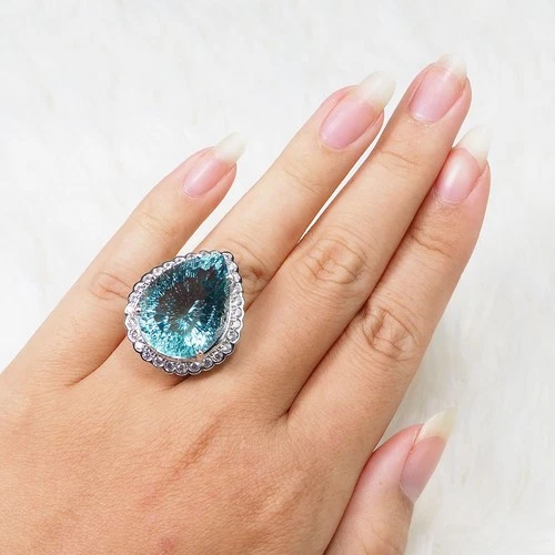Sea Blue Aquamarine Concave Pear 23.90Ct 925 Sterling Silver Ring Free Resizing