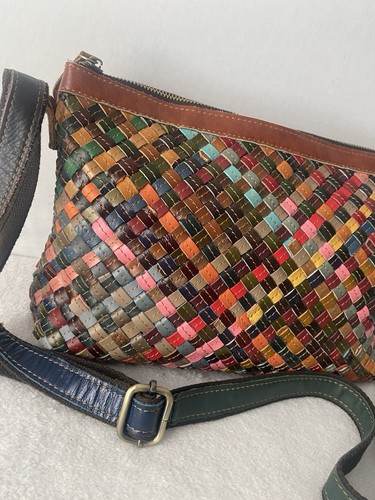Amerileather Leather Woven Crossbody Shoulder Bag Patchwork Colorful - Picture 5 of 12