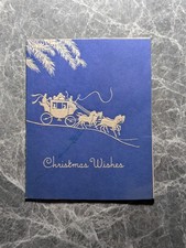 Christmas Card Vintage Blue Gold Foil Embossed Stagecoach Sleigh Pine Branch 40s