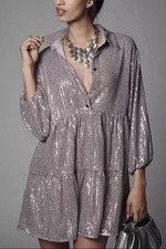 Anthropologie Meave NWT Bettina Tiered Shirt Dress S Mini Sequin Edition Silver