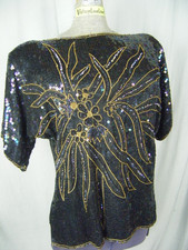 Vtg 80s Black Sequin Gold Beaded Floral Top-Bust 42/M